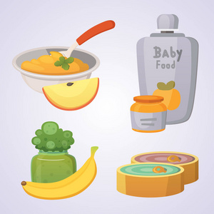 果汁和果泥从青苹果和西兰花的婴儿。食物为婴儿卡通产品集的