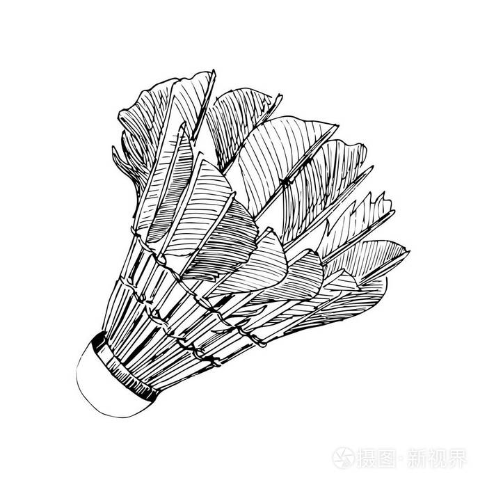 羽毛球羽毛羽毛球手中黑色线条的素描画