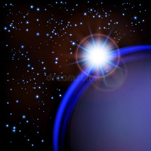 蓝色星球和恒星的太空背景。