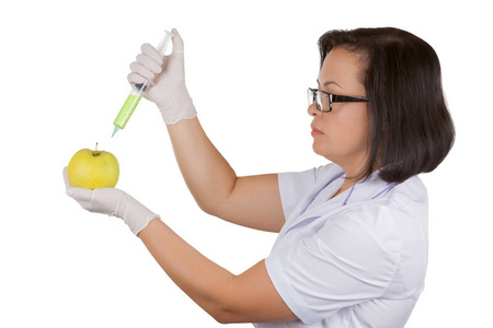 营养师科学家女医生手持鲜绿色苹果
