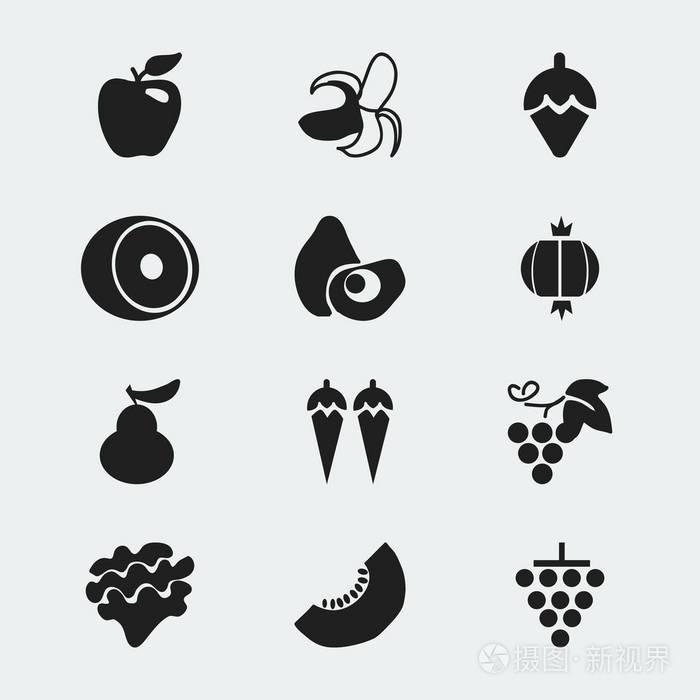 12可编辑水果图标集。包括诸如公爵夫人, 美乐, 集群等符号。可用于 Web移动Ui 和信息设计
