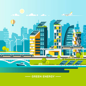 绿色能源与生态友好型城市。太阳能和风力发电。城市景观与现代住宅和城市交通。矢量插图