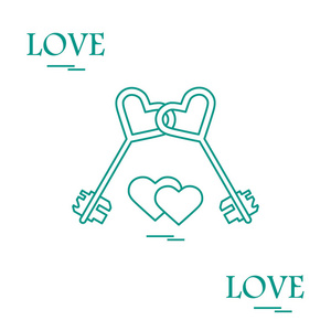 爱情符号可爱矢量插画 心钥匙图标和两个