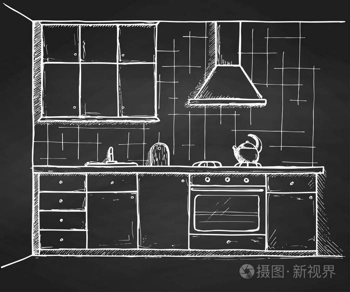 手绘厨房家具.在素描风格的矢量图