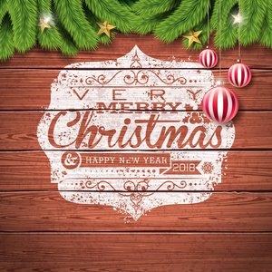 圣诞快乐，快乐新的一年图在老式木头背景与排版和矢量 Eps 10 设计节日元素