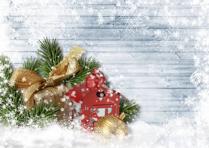 圣诞贺卡, 礼品, 球, 杉木分行白色背景