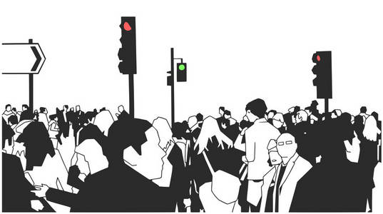 街道标志和交通灯在街上行走的人群的例证