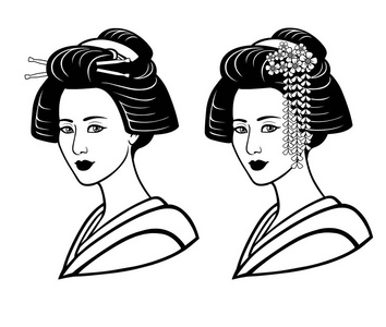 两幅肖像的日本年轻女孩古代的发型。艺妓舞妓，公主。打印 海报 t 恤 卡。孤立在白色背景上的矢量图