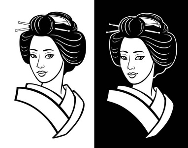 两幅年轻的日本女孩的肖像, 一个古老的发型。黑白选项。艺伎, 舞, 公主打印, 海报, tshirt, 卡片。孤立的矢量插图