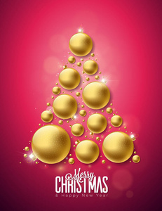 矢量圣诞快乐新年插画与金色装饰玻璃球在干净的背景。节日贺卡海报Bbanner 的设计
