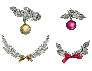 圣诞树树枝装饰的集合。圣诞节和新年的象征在白色背景隔绝。矢量插图