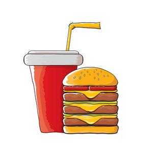 矢量卡通美味汉堡和可乐纸杯与秸秆隔离橙色背景