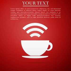 一杯咖啡店与免费 wifi 区标志。互联网连接标语牌图标在红色背景隔离。平面设计。矢量插图