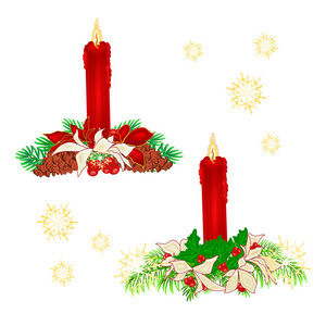 圣诞 candlelights 与松树锥和一品红复古矢量插图可编辑
