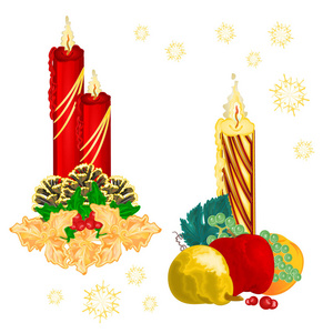 圣诞 candlelights 与松树锥和神圣和各种水果老式矢量插画可编辑