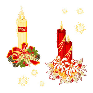 圣诞 candlelights 与弓松树锥和一品红复古矢量插图可编辑