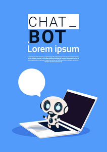 聊天机器人使用膝上型电脑, 并持有语音气泡横幅与复制空间, 喋喋不休或 Chatterbot 支持服务理念