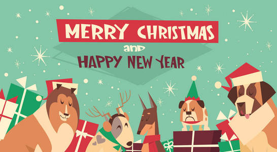 狗在圣诞帽圣诞快乐新年贺卡节日海报设计