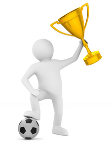 球和奖杯杯足球运动员。隔离的3d 插图