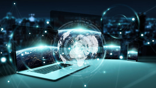 在现代科技设备 3d 渲染的全球服务器接口照片