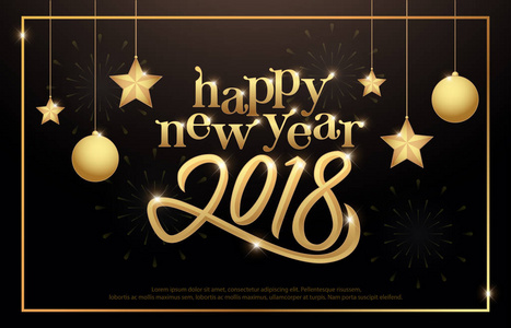 新年快乐2018版式金色五彩纸屑金球和明星在黑色背景。2018贺卡设计与刻字为假日的题词。矢量插图