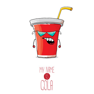 矢量搞笑卡通可爱的红纸可乐杯与稻草隔离在白色背景.