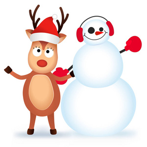 可爱和有趣的圣诞贺卡。人物鹿和雪人。矢量插图