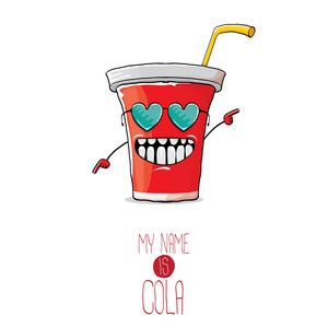 矢量搞笑卡通可爱的红纸可乐杯与稻草隔离在白色背景.