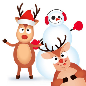 可爱和有趣的圣诞贺卡。人物鹿和雪人。矢量插图