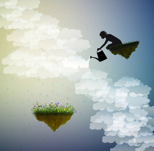 男孩魔术春天幻想, 童话夏天, 魔术雨, 男孩或上帝浇灌花在飞行岩石