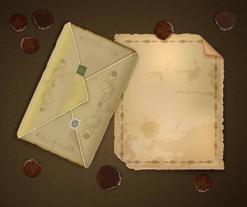 复古浪漫的信和信封上的棕色背景, 浪漫的怀旧, 甜蜜的记忆邮件玫瑰