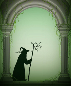 老巫师在城堡花园的拱门, 万圣节人物, 森林巫师, 童话人物照片