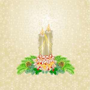 圣诞 candlelights 与云杉白色一品红和松树锥老式矢量插图可编辑