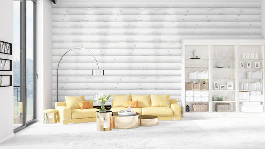 与白色的架子和黄色的沙发时尚的全新内饰的场景。3d 渲染。水平排列