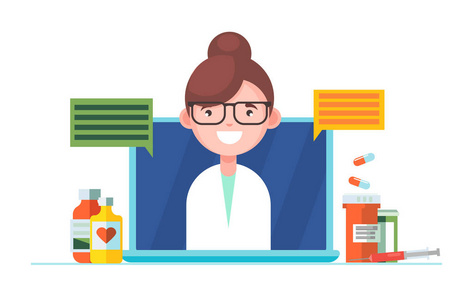 护士在笔记本电脑里回答问题.在桌上药片和药物和食谱照片