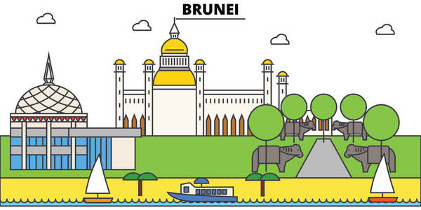 新华社斯里巴加湾图文莱轮廓城市天际线, 线形插图, 横幅, 旅游地标