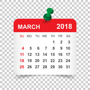 3 月 2018年日历。日历贴纸设计模板。周明星