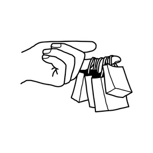 手持小空白购物袋矢量插图素描手绘黑色线, 在白色背景隔离