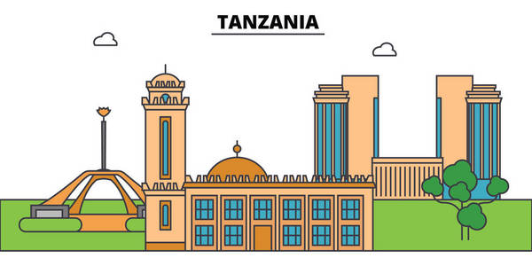 坦桑尼亚轮廓城市天际线, 线形插图, 横幅, 旅游地标, 建筑物剪影, 矢量