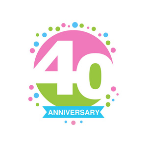 第四十周年彩色标志设计, 喜庆节日庆典会徽与丝带矢量插图照片