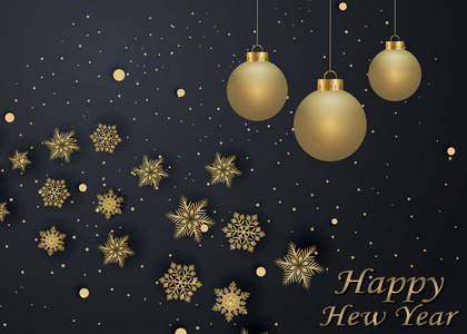 布置喜庆的新年金色和黑色的彩色空间为文本圣诞球, 和雪花。金色的散, 光和丝带。矢量插图