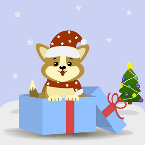 明信片与可爱的狗犬在圣诞老人的帽子和围巾, 坐在一个礼物盒旁边的圣诞树