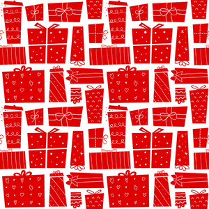 圣诞礼物无缝模式与目前的卡通平板风格的盒子。矢量插图