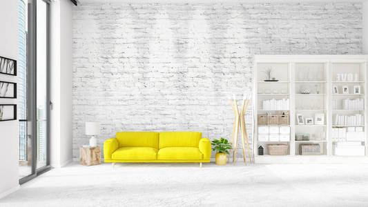 与室内时尚与白色的货架和黄色的沙发现场。3d 渲染, 3d 插图。水平排列