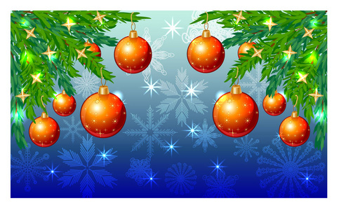 长方形蓝色圣诞节背景与雪花, 针叶树枝, 装饰用红色球, 星