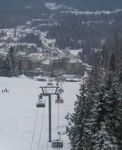 滑雪椅和去雪覆盖的山在树之间