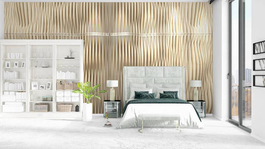 全新的室内时尚与白架, 现代床的场景。3d 插图, 3d 渲染。水平排列