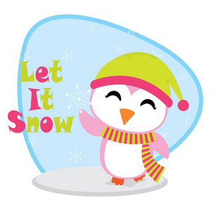 逗人喜爱的企鹅是愉快的在雪秋天矢量卡通插画的圣诞贺卡设计