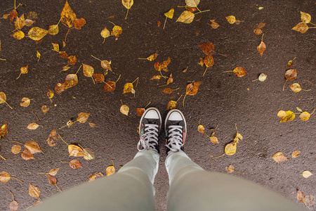 双脚穿着运动鞋踩着落叶在湿漉漉的路上.照片