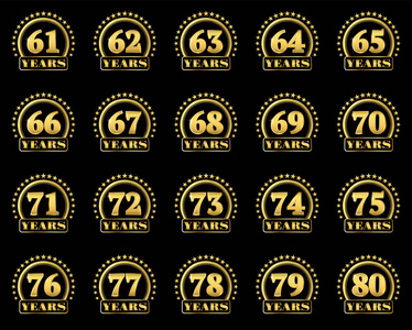 一组黄金数字从61到80和一年的字装饰的一圈星星。矢量插图